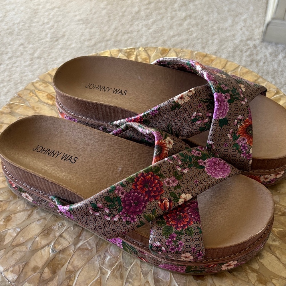 Johnny Was Floral Platform Sandals - Pink and Purple